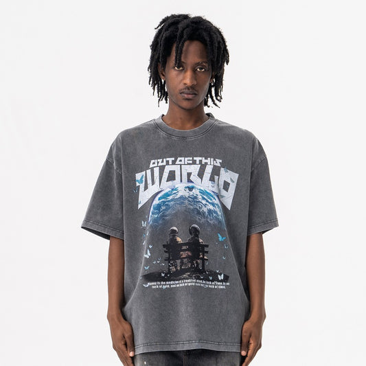 Stijlvolle Streetwear Effen Kleur Oversized Casual Vintage Washed Ronde Hals T-shirt met Cosmic Journey en Korte Mouwen voor Heren