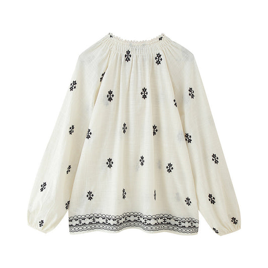 Europese Modieuze Casual Vintage Oversized Geborduurde Shirt met Lange Mouwen en Trekkoord voor Dames & Meiden