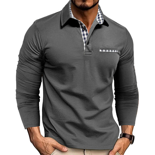 Stijlvolle Design Casual Geruite Splicing Revers Poloshirt in Effen Kleur Lange Mouwen voor Heren
