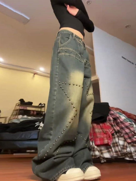 American Retro Washed Rivet Jeans voor Dames/ Plus-size & Meisjes