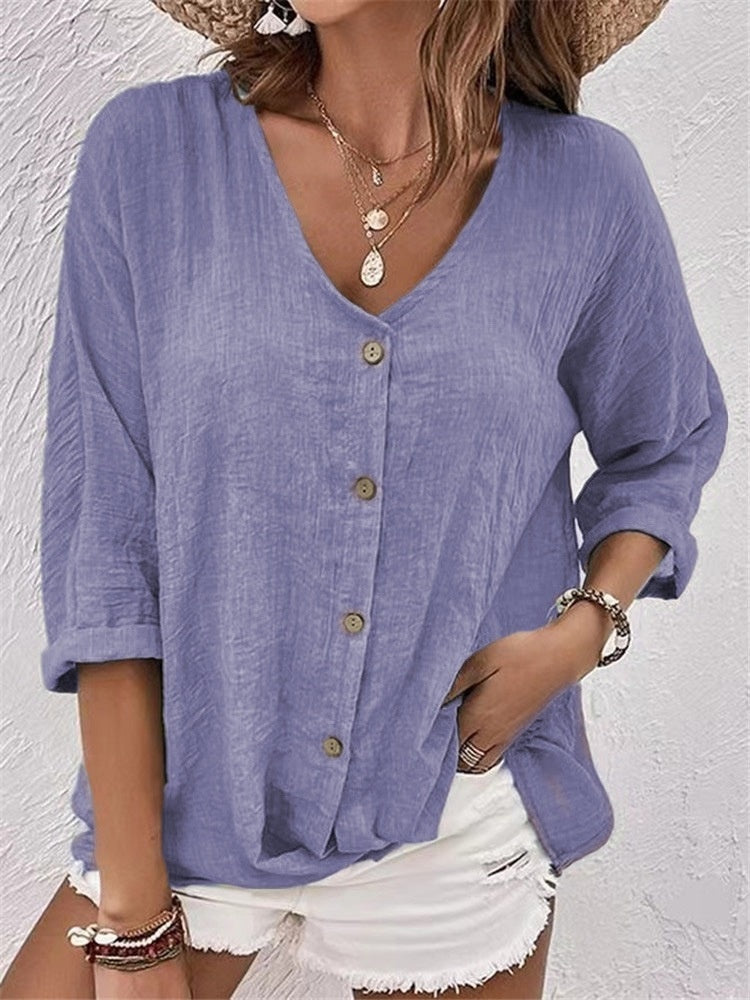 Casual Oversized Effen Kleur V-hals Blouse met Lange Mouwen en Knoopsluiting voor Dames & Plus-size