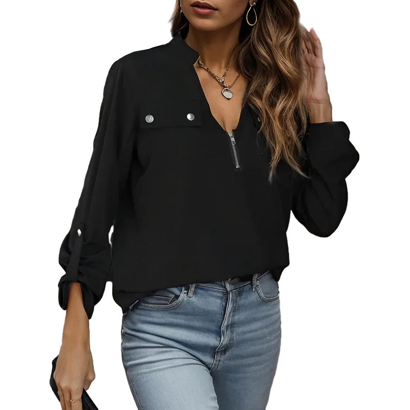 Amerikaanse Trendy Casual Oversized V-hals Shirt met Lange Mouwen met Ritssluiting voor Dames