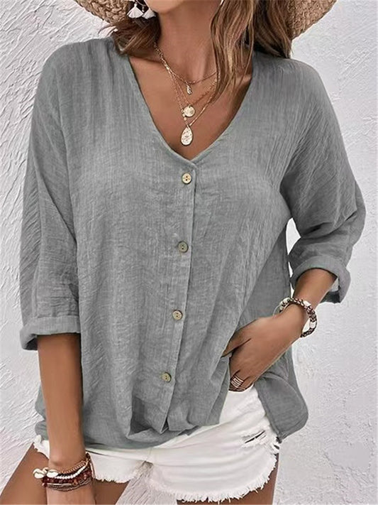 Casual Oversized Effen Kleur V-hals Blouse met Lange Mouwen en Knoopsluiting voor Dames & Plus-size