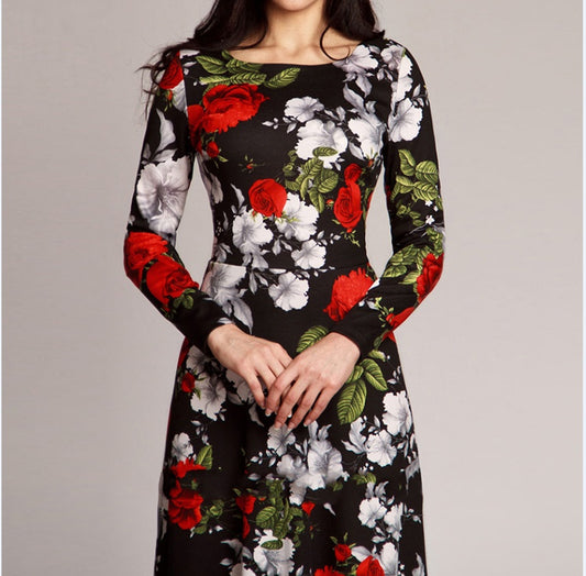 Europese Elegante Vintage Bloemenprint Maxi Jurk met Lange Mouwen voor Dames & Plus-size