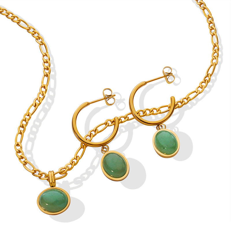 Modieuze Retro Etnische Temperamentvolle Halsketting/Oorbellen/Set met Natuurlijke Groene Agaat Hanger voor Dames