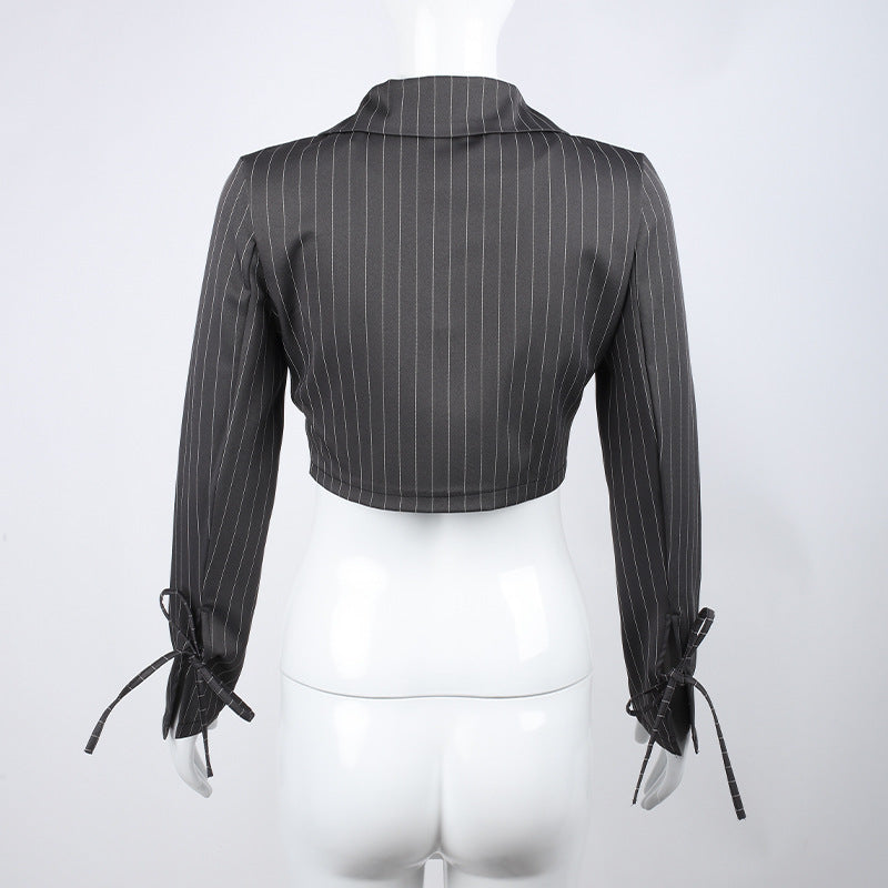 Street Style Grijs Gestreepte Cropped Blazer met V-hals en Veters voor Dames