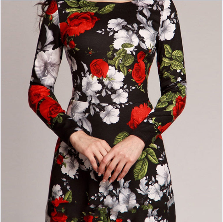 Europese Elegante Vintage Bloemenprint Maxi Jurk met Lange Mouwen voor Dames & Plus-size