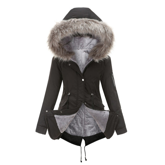 Casual Parka Katoenen Gewatteerde Middellange Winterjas met Bontkraag Capuchon en Ritssluiting voor Dames & Plus-size