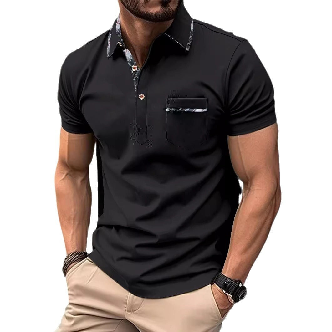 Amerikaanse Trendy Casual Knoopsluiting Revers Poloshirt met Korte Mouwen en Borstzak voor Heren