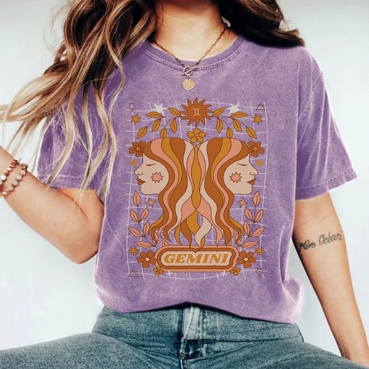 Stijlvolle Effen Kleur Washed Casual Vintage Ronde Hals T-shirt met GEMINI-print en Korte Mouwen voor Dames & Plus-Size