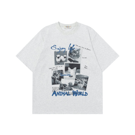 Retro Veelzijdige Effen Kleur Oversized Casual Ronde Hals T-shirt met Bedrukte Vintage Fotoprint en Korte Mouwen voor Heren & Jongens
