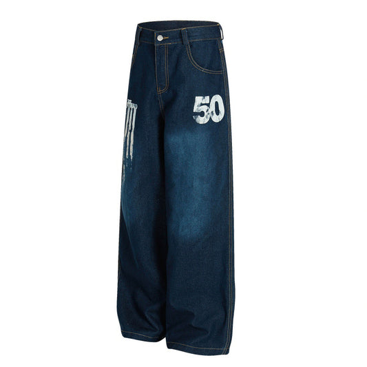 Modieuze Stijlvolle Effen Kleur Bedrukt en Beschilderde Denim Jeans met Wijde Pijpen en Knoopsluiting voor Heren & Jongens