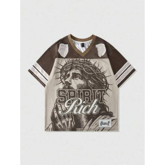 Letter T-shirt Mesh Amerikaans Streetwear Bedrukte Retro Mesh T-shirt met V-hals en Korte Mouwen voor Kinderen