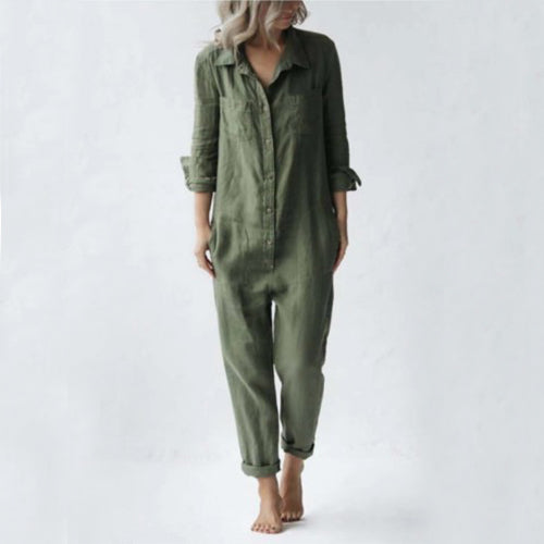 Modieuze Casual Effen Kleur Oversized Lange Mouw Revers jumpsuit met Zakken en Knoopsluiting voor Dames & Plus-size