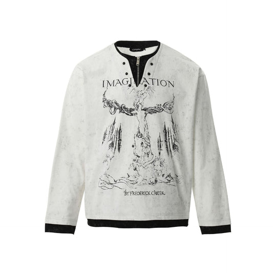 Amerikaanse Retro Punk Bedrukte Long Sleeve Tweedelig T-shirt met Parelknoopsluiting en V-hals voor Unisex