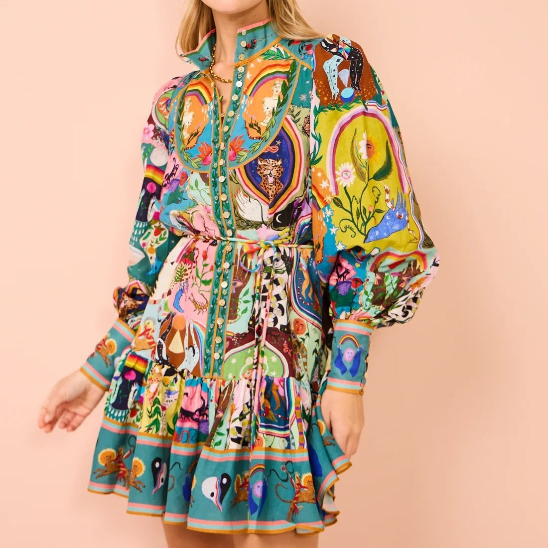 Casual Fashion Temperament Linnen Mini-jurk met All-over Bedrukking en Knoopsluiting voor Dames & Plus-size