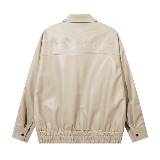 Trendy Losse Jacket van PU-Leer in Effen Kleur met Geborduurde Letters voor Heren
