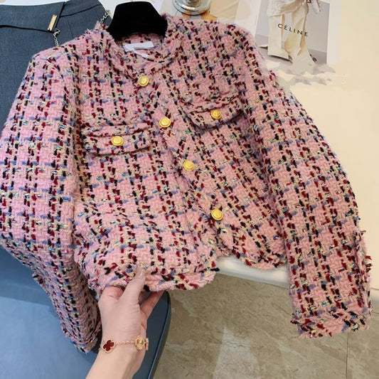 Effen Kleur Korte Jas van Franse Wollen Tweed met Ronde Hals en Knoopsluiting voor Dames