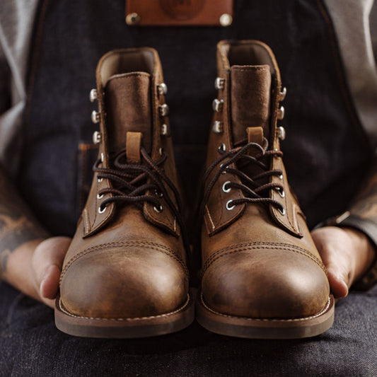 Europese Casual Retro Honingwas Workboots van Echt Leer met Ronde Neus en Vetersluiting voor Heren