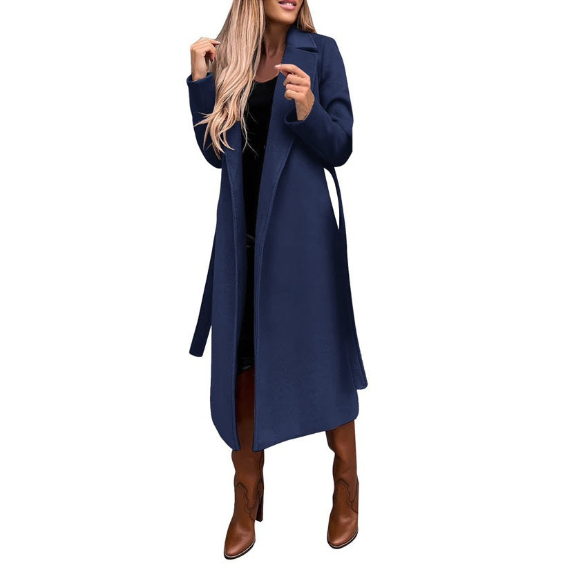 Amerikaanse Modieuze Elegante Eenvoudige Wollen V-halsTrenchcoat in Effen Kleur met Zakken en Riem voor Dames & Plus-size