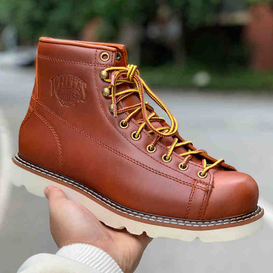 Amerikaanse Stijlvolle Retro Casual Effen Kleur Korte Workboots van Echt Leer met Doorlopende Vetersluiting voor Heren