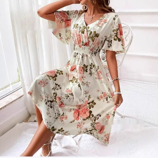 Casual Elegante Floraprint Jurk met Korte Mouwen en V-hals voor Dames & Plus-size