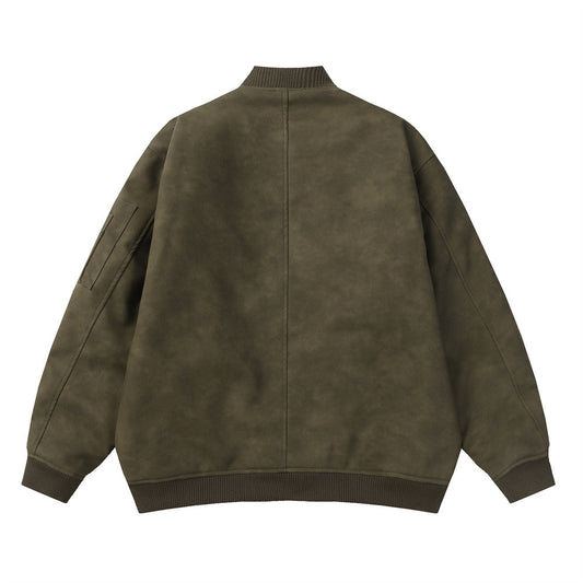 Distressed Casual Legergroene Losse Jas van PU -Leer met Rits voor heren