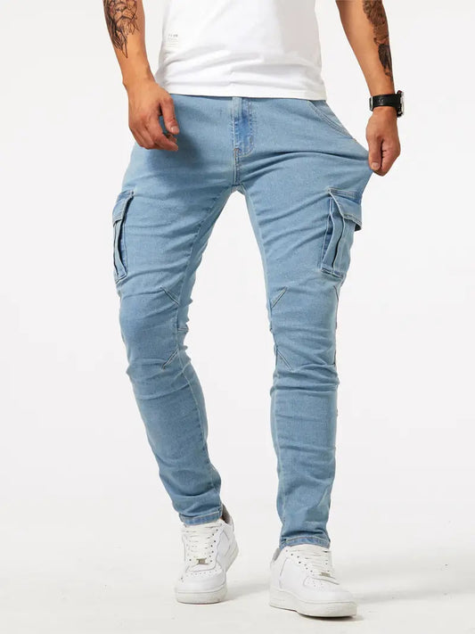 Europese Stijlvolle Casual Recht Lichtgewicht Stretch Slim Fit Multi-pocket Cargojeans met Knoop en Ritssluiting voor Heren &