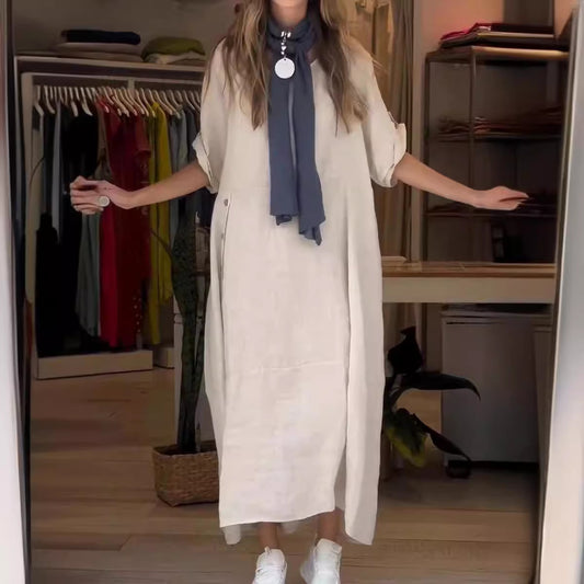 Casual Oversized Katoenen Linnen Korte Mouw Maxi-jurk in Effen met Knoopsluiting en Ronde Hals voor Dames & Plus-size