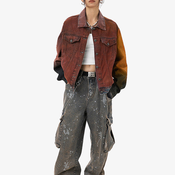 Amerikaanse Retro Gardient Losse Spijkerjacket met Knoopsluitng en Zakken voor Dames & Heren