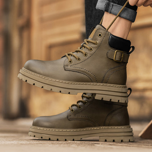 Retro Casual Business Effen Kleur Hoge Workboots van Echt Leer met Ronde Neus en Vetersluiting voor Heren