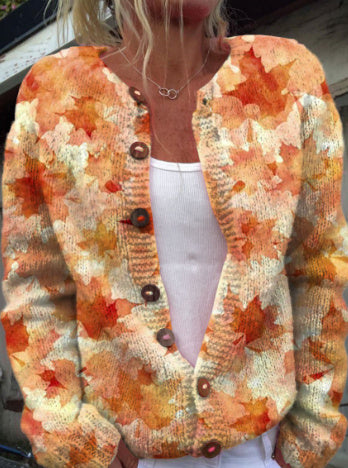 Casual Bedrukte Patroon Gebreide Trui-vest met Lange Mouwen en Knoopsluiting voor Dames & Plus-size