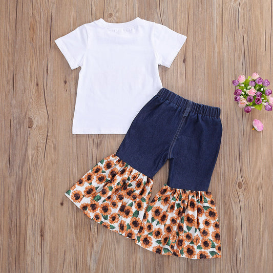 Kinderoutfit 2-delig Zonneprint T-shirt met Korte Mouwen & Denim Fakkel met Zonnebloemprint voor Peuters/ Kinderen