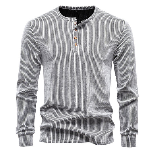 Modieuze Casual Gestreepte Henley Slim Fit Ronde Hals T-shirt met Halve Knoopsluiting en Lange Mouwen voor Heren & Jongens