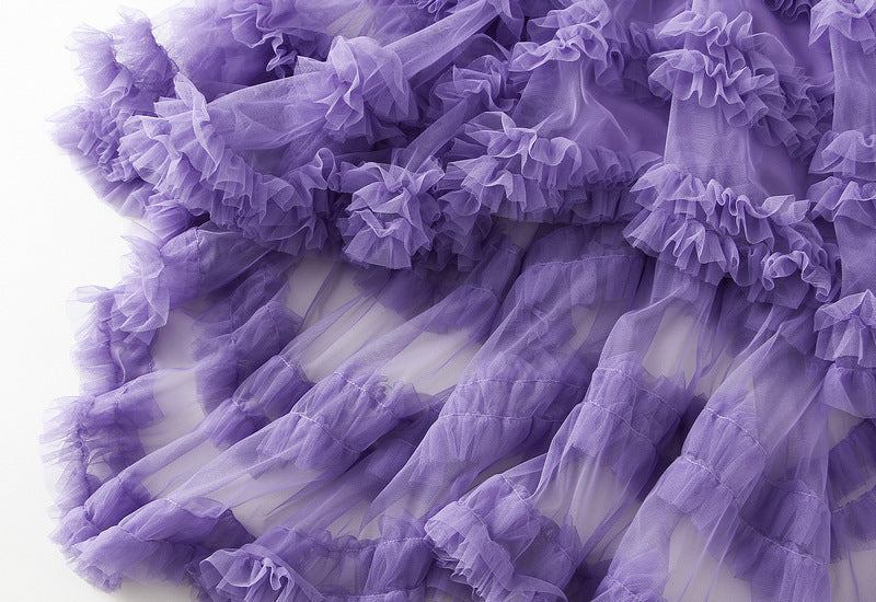 Elastische taille feeën mesh rok, gezwollen onregelmatig geplooide gelaagde jurk