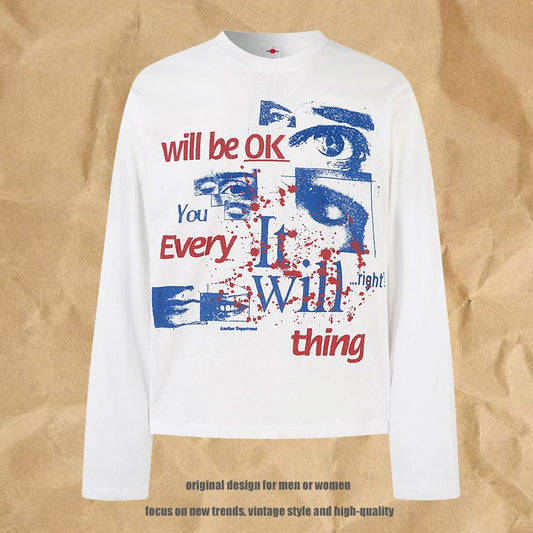 Eenvoudige Effen Kleur Oversized Casual Vintage Cartoonprint T-shirt met Ronde Hals en Lange Mouwen voor Heren