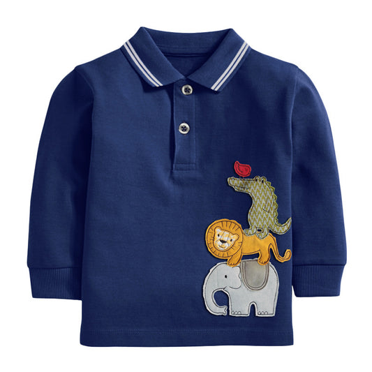Amerikaanse Trendy Casual Effen Kleur Little Maven Poloshirt met Geborduurde Dieren en Lange Mouwen voor Kinderne
