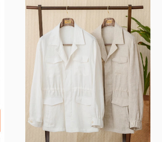 Trendy Losse Linnen Jacket met Knoopsluiting en Trekkoord voor Heren