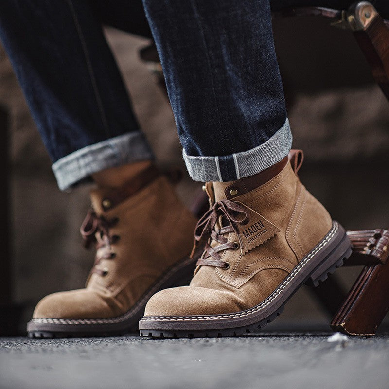 Amerikaanse Retro Effen Kleur Werkschoenen van Echt Suède-leer met Vetersluiting en Ronde Neus voor Heren