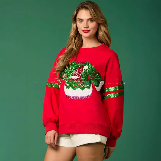 Kerstmis Stijlvolle Casual Kerst Sweatshirt met Kerstmotief van pailletten en Ronde Hals voor Dames & Plus-size