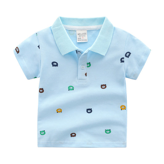 Stijlvolle Casual Gestreepte/Bedrukte Cartoon Print Revers Poloshirt met Korte Mouwen en Knoopsluiting voor Kinderen voor Kinderen