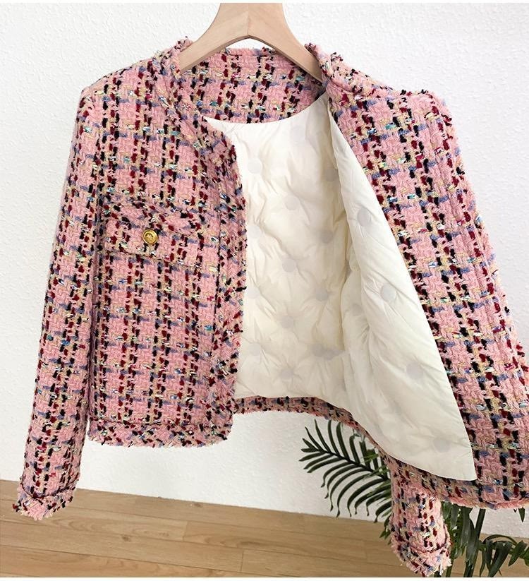 Effen Kleur Korte Jas van Franse Wollen Tweed met Ronde Hals en Knoopsluiting voor Dames