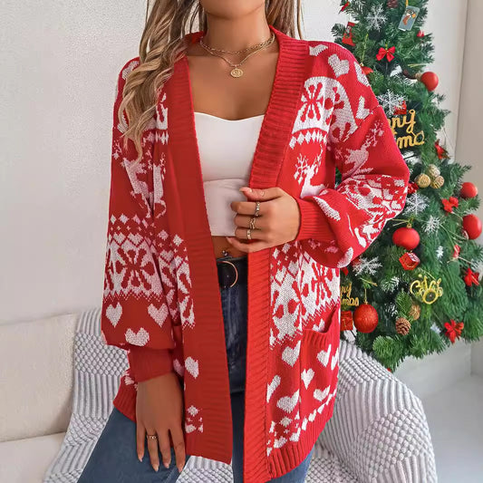Kerstmis Unieke Stijlvolle Oversized Gebreide Kerst Truivest met Gebreide All-Over Hertenprint en Zakken voor Dames & Meiden