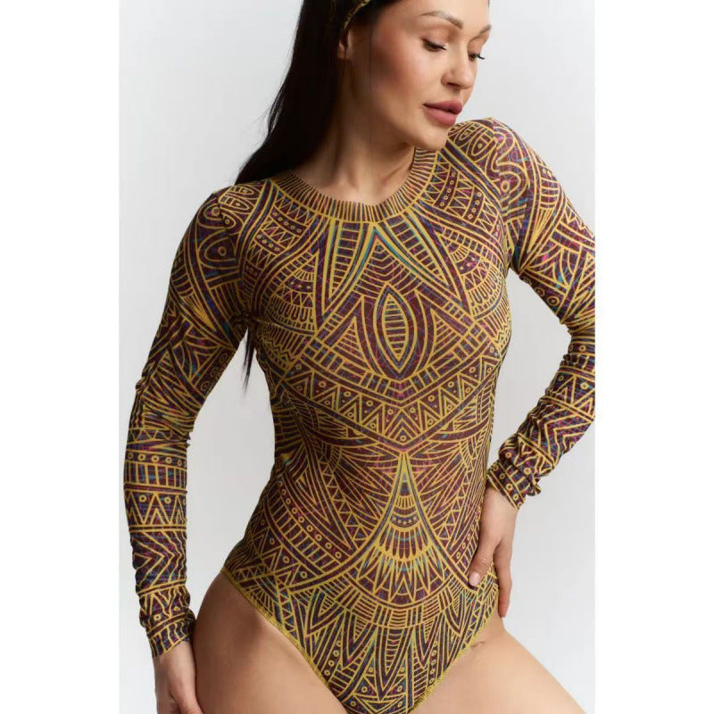 Europese Elegante ééndelig Effen Kleur Strand Bodysuit/ Badpak met All-Over Bedrukking en Lange Mouwen
