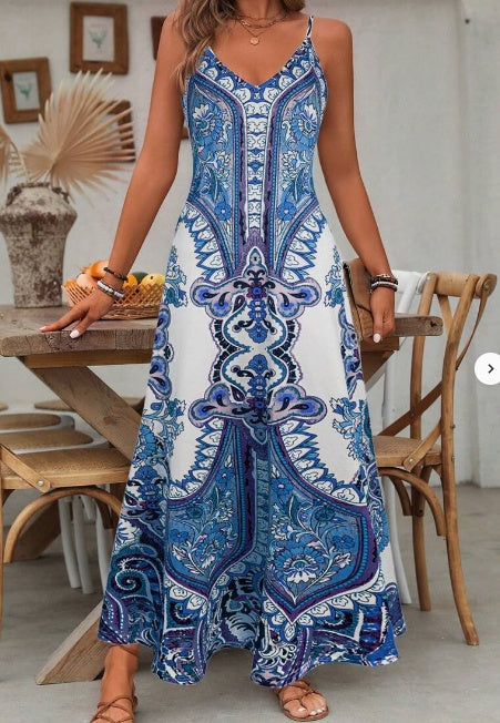 Casual Mouwloze V-hals Boho Cami Maxi-jurk met Paisley Patroon en Spaghetti Bandjes voor Dames