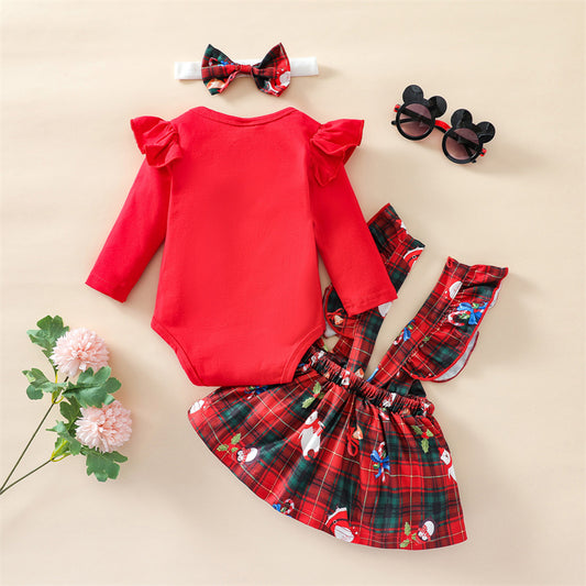 Kerstmode 3-delige Set Haarband met Strik Romper met Lange Mouwen en Print & Jarretellerok met Kerstprint voor Baby's/Peuters