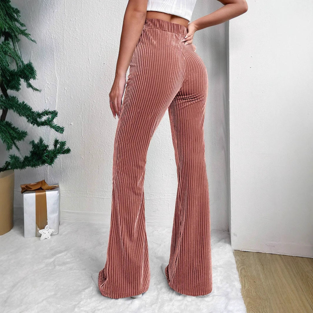 Stijlvolle Casual Geribbelde Corduroy Flared Stretch Broek met Hoge Taille en Wijde Pijpen voor Dames