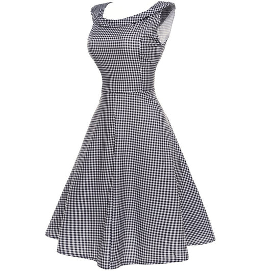Hepburn Style Vintage Slim-Taille Swingjurk met Ronde Hals en Geruitpatroon voor Dames & Plus-size