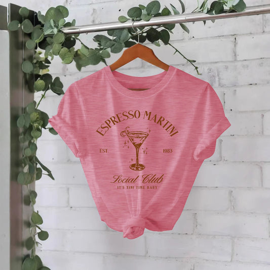 Stijlvolle Streetwear Effen Kleur Casual ESPRESSO MARTNI T-shirt met Ronde Hals en Korte Mouwen voor Dames/Meiden & Plus-Size