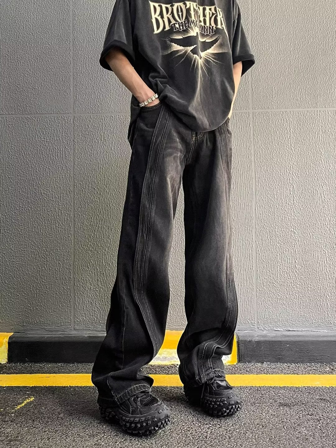 Amerikaanse Retro Washed Patchwork Losse Jeans voor Heren/ Jongens